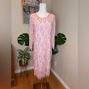 Vintage Pink Sequin Beaded Midi Dress - Size Small - 100% Silk